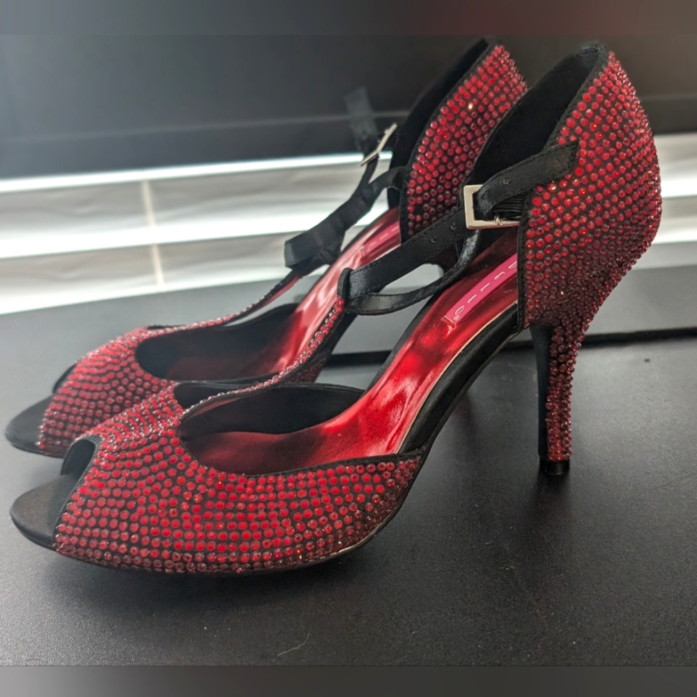 Size 10 Pleaser Bordello Burlesque Shoes - Rhinestone Red Peep-Toe Heels
